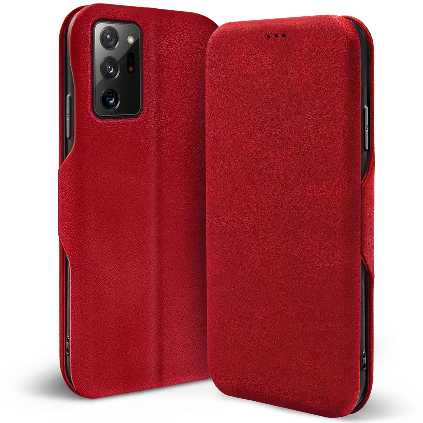 Rote Leder-Klapphülle für Samsung Galaxy Note 20 Ultra, von vorne und hinten gezeigt.