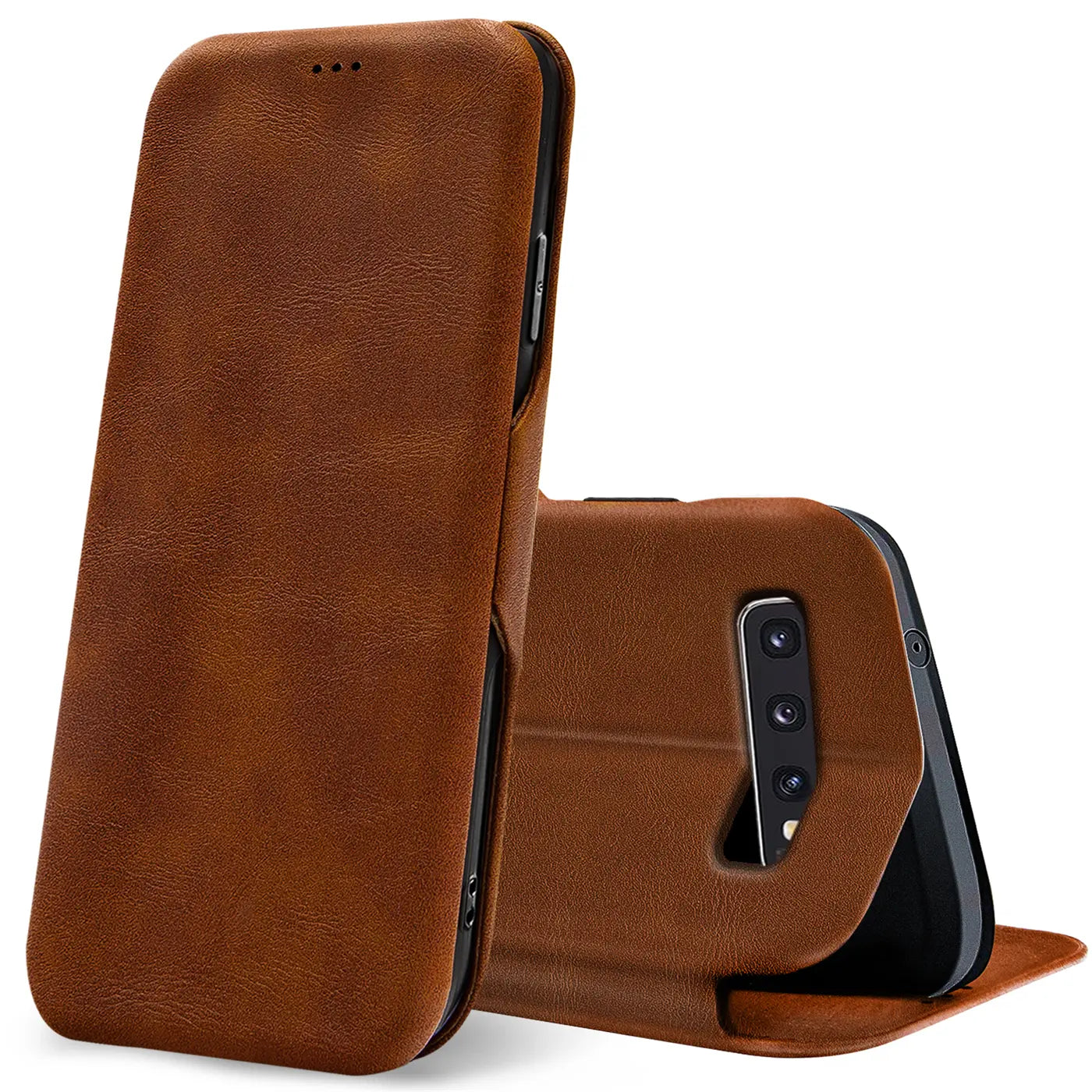Braune Leder-Klapphülle für Samsung Galaxy S10, von vorne/seitlich