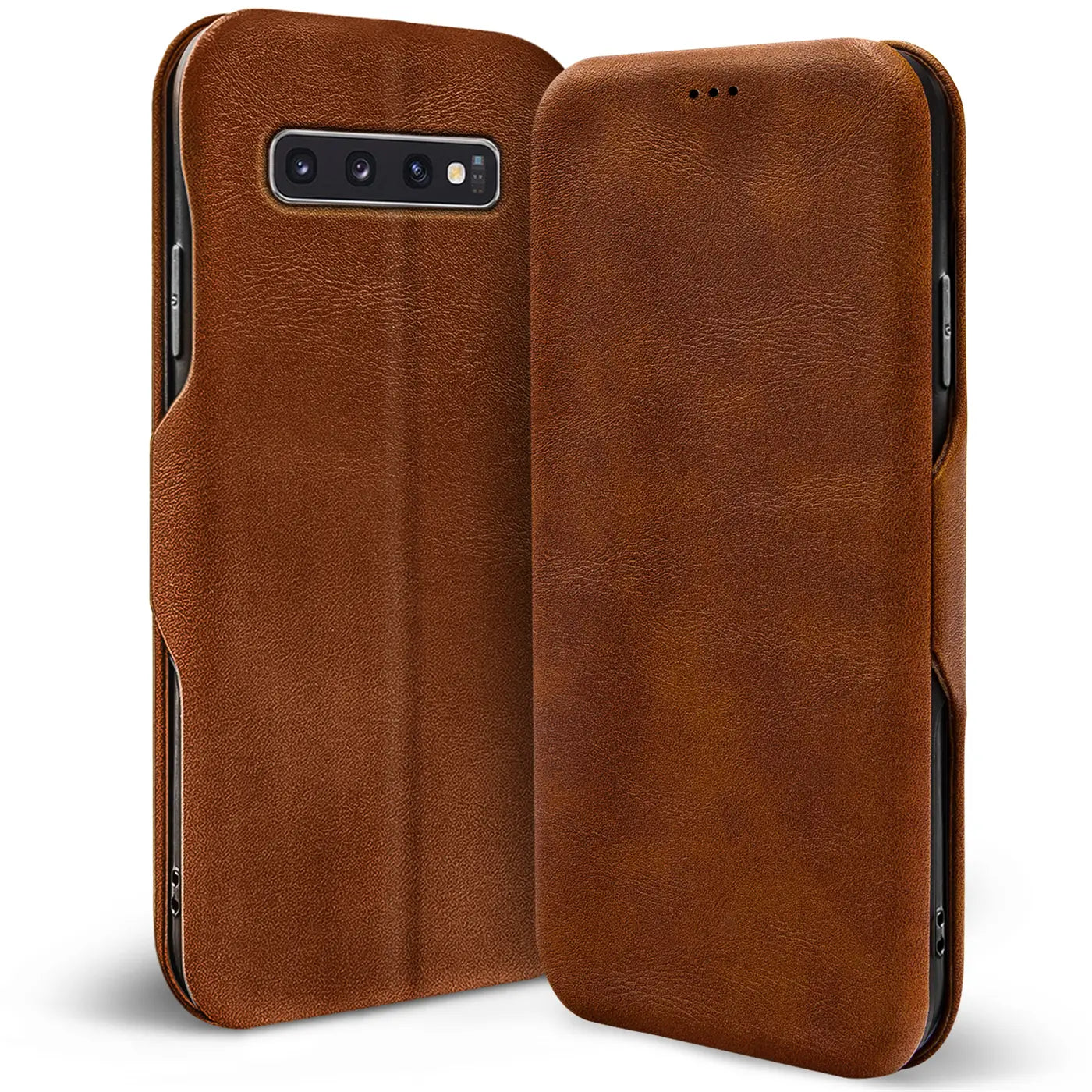 Braune Leder-Klapphülle mit Kartenfach, Rückansicht, für Samsung Galaxy S10