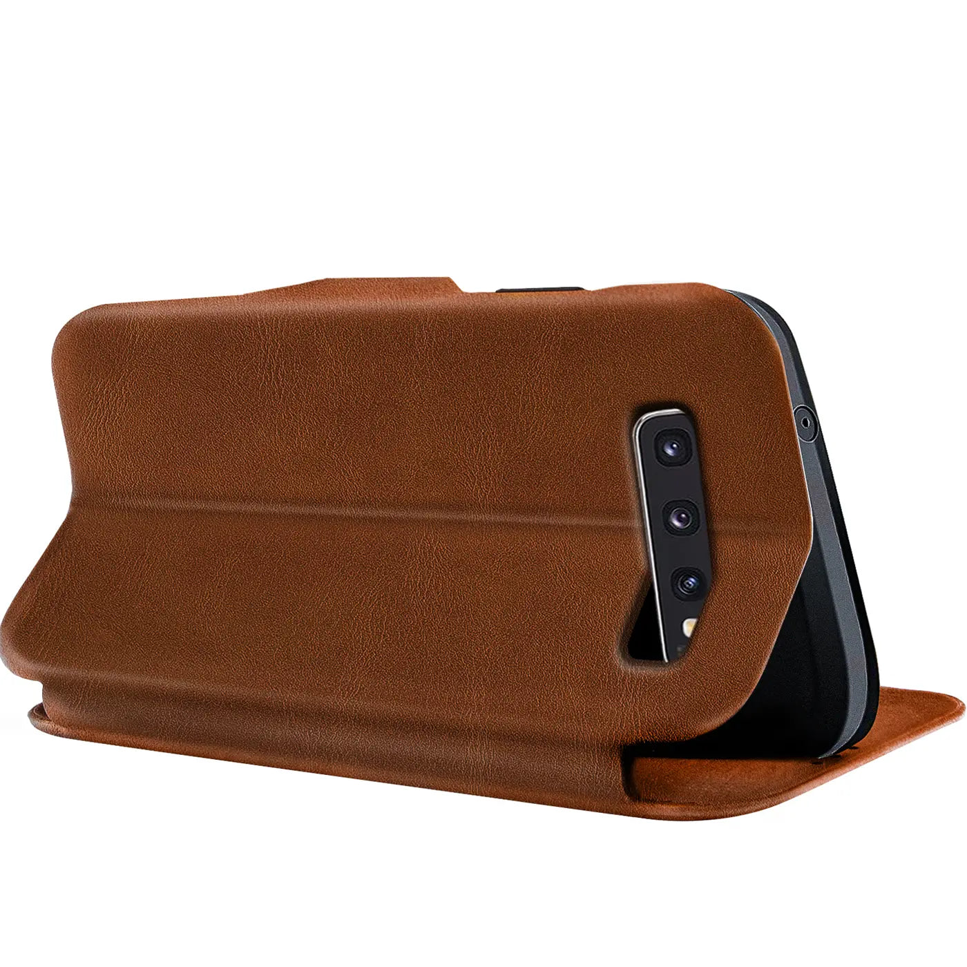 Braune Leder-Klapphülle mit Kartenfach für Samsung Galaxy S10, Seitenansicht.