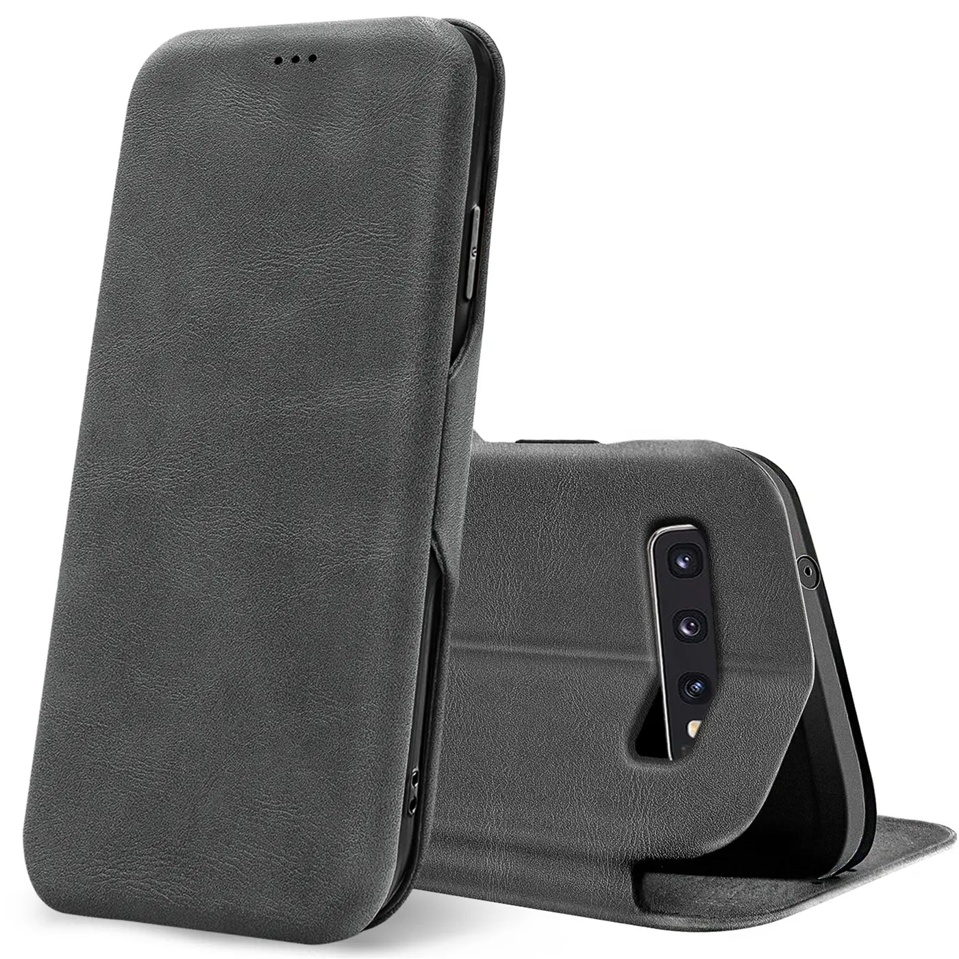 Graue Kunstleder-Klapphülle für Samsung Galaxy S10, Rückansicht mit Kameraaussparung.