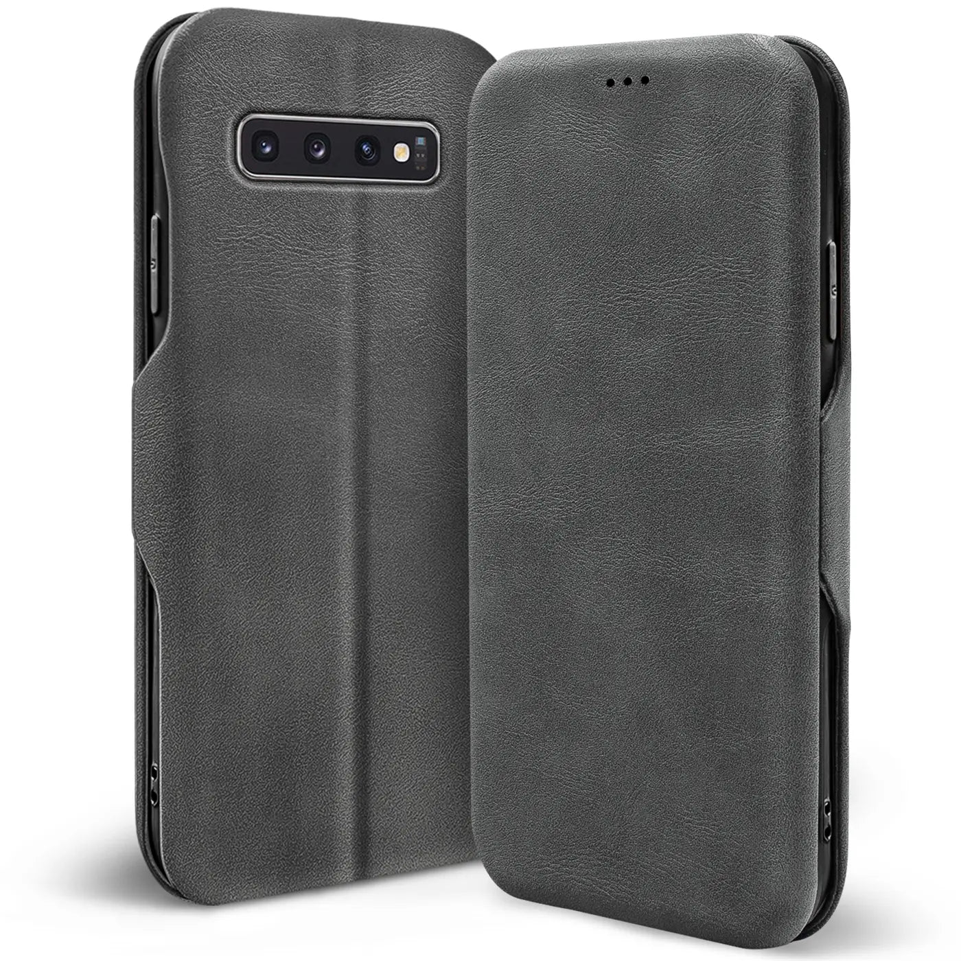 Graue Kunstleder-Klapphülle für Samsung Galaxy S10, Rückansicht und Vorderansicht.