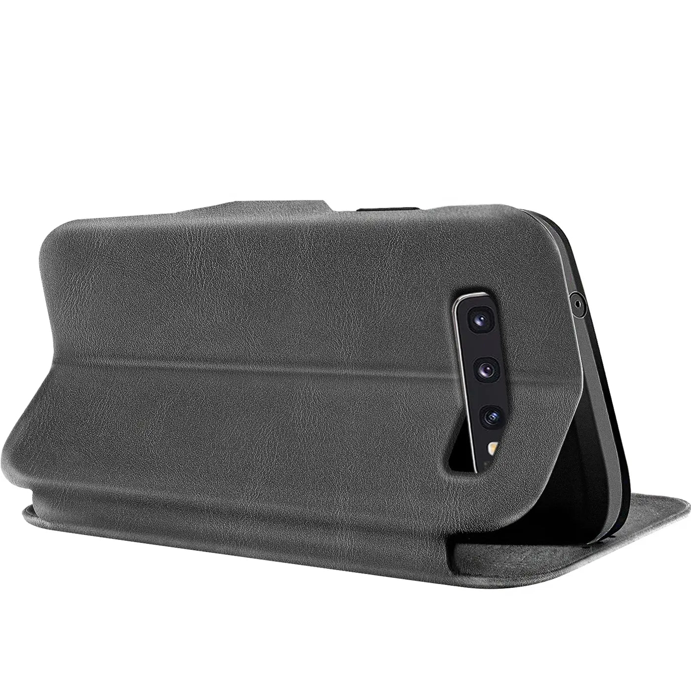 Graue Kunstleder-Klapphülle mit Kartenfach für Samsung Galaxy S10, Seitenansicht.