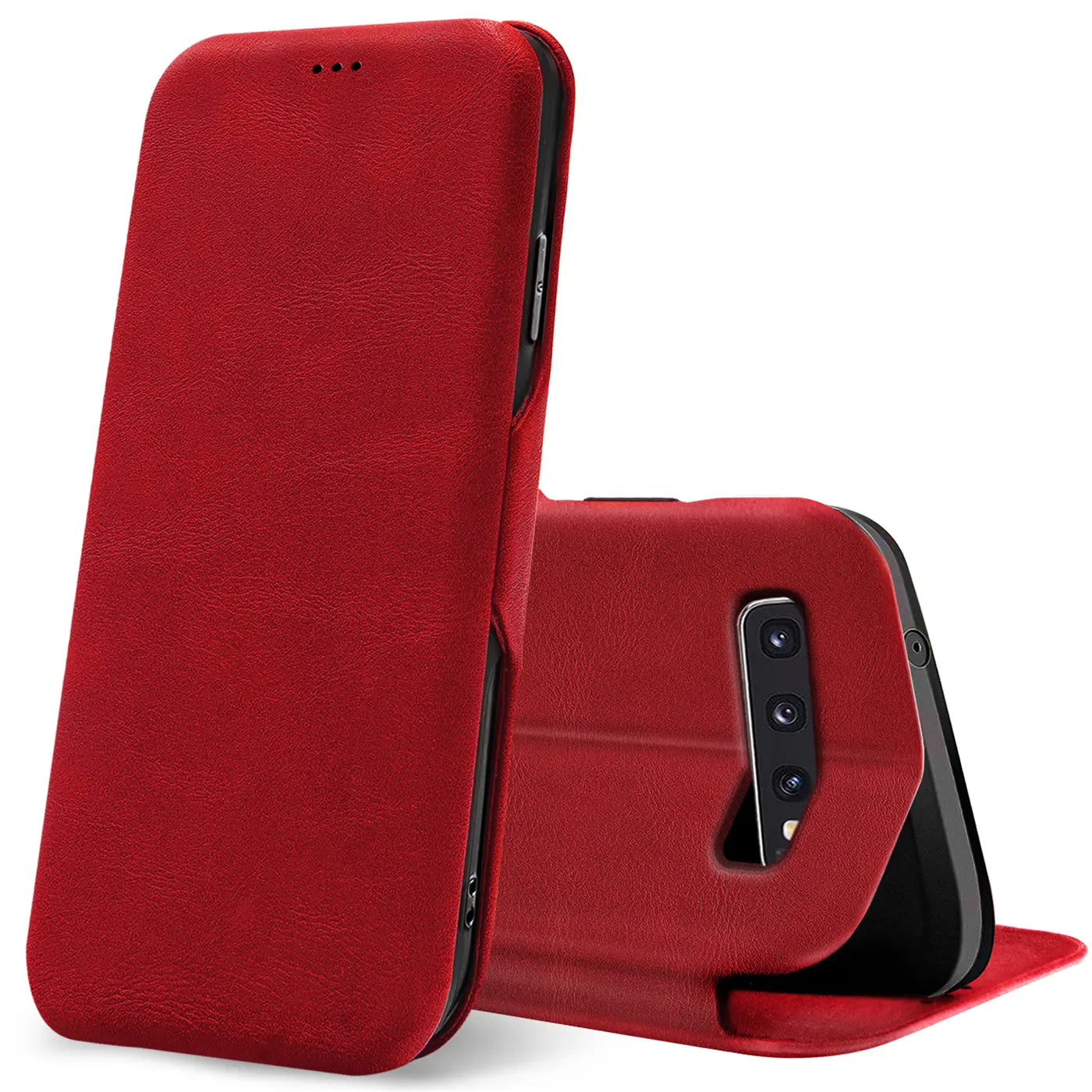 Rote Leder-Klapphülle mit Kartenfach, Samsung Galaxy S10, Seitenansicht