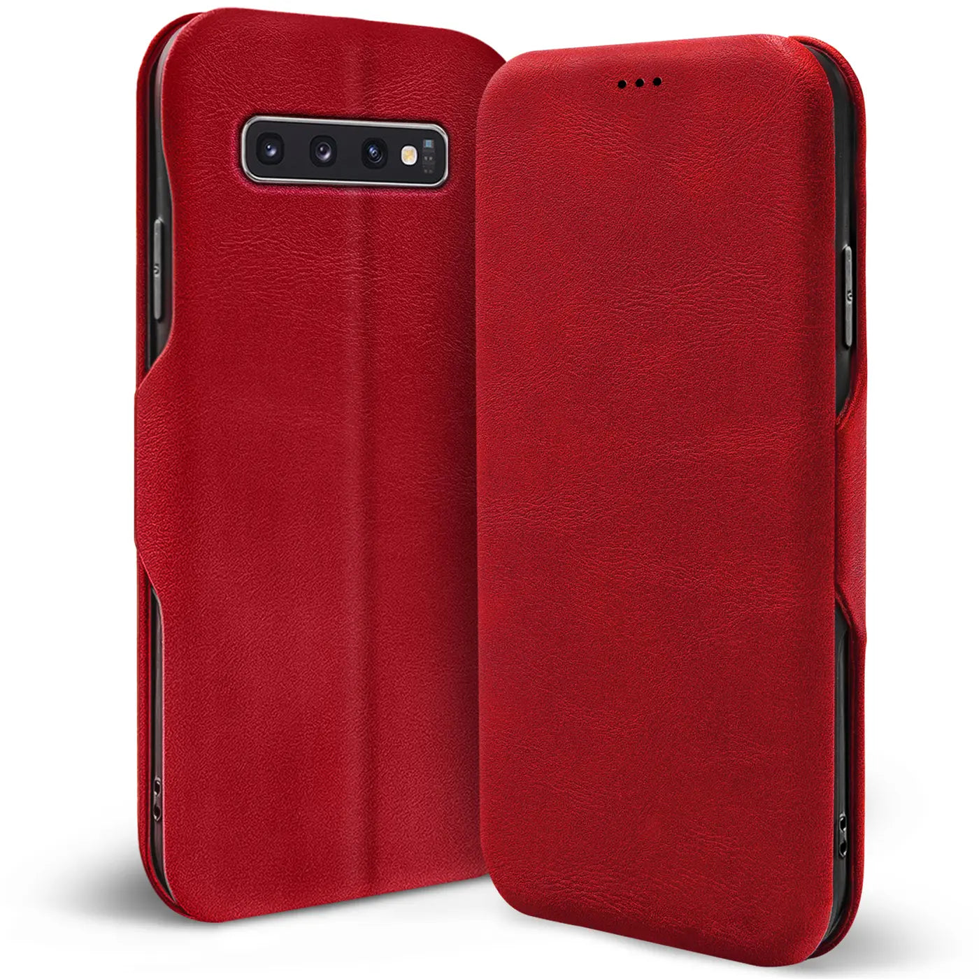Rote Leder-Klapphülle für Samsung Galaxy S10, von vorne und hinten gezeigt.