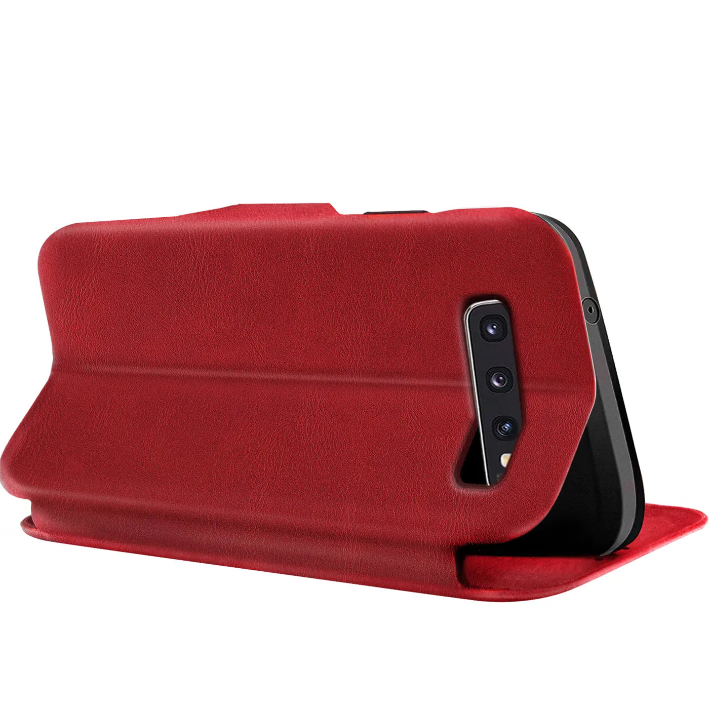 Rote Leder-Klapphülle mit Kartenfach, Seitenansicht, Samsung Galaxy S10.