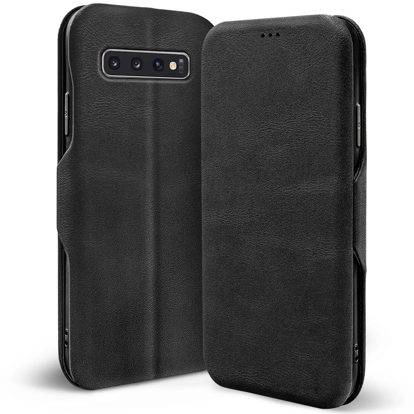 Schwarze Leder-Klapphülle für Samsung Galaxy S10, von vorne und hinten gezeigt.