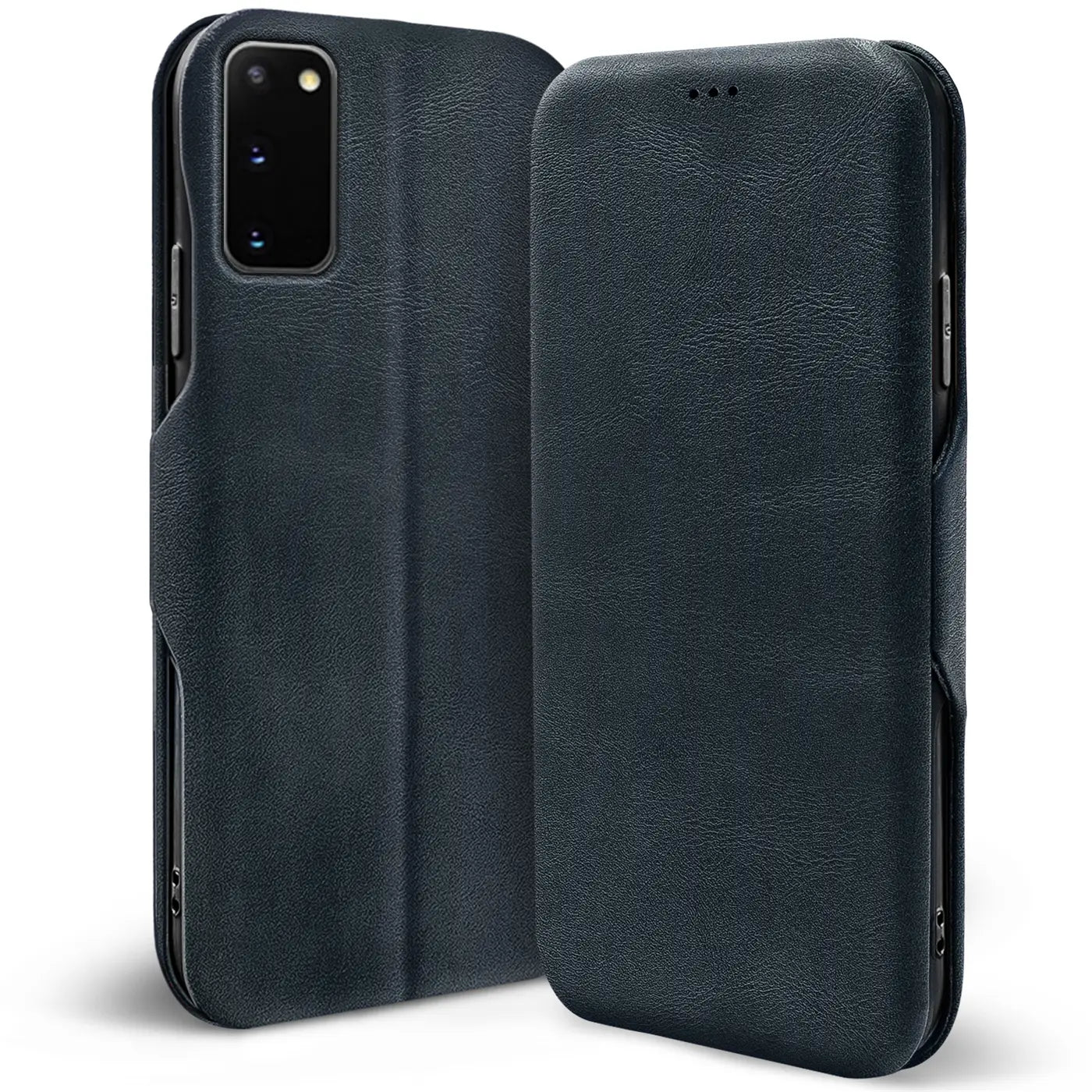 Dunkelblaue Leder-Klapphülle für Samsung Galaxy S20, Vorder- und Rückansicht.