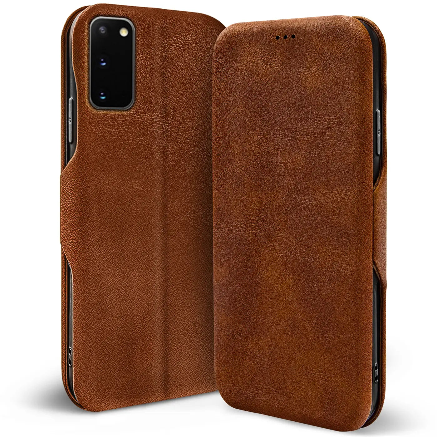 Braune Leder-Klapphülle mit Kartenfach für Samsung Galaxy S20, von vorne gesehen.