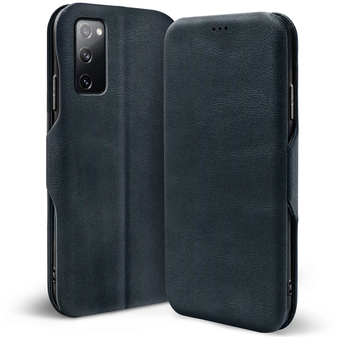 Dunkelblaue Leder-Klapphülle für Samsung Galaxy S20 FE, von vorne, mit Kartenfach.