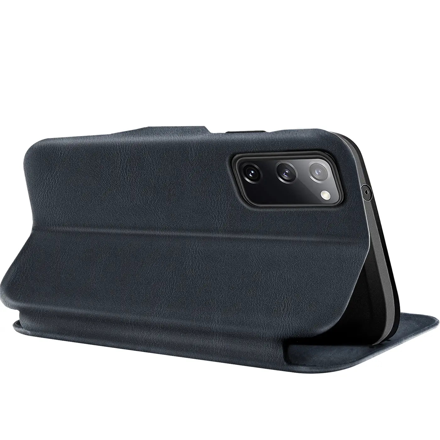 Dunkelblaue Kunstleder-Klapphülle mit Kartenfach für Samsung Galaxy S20 FE, von schräg hinten