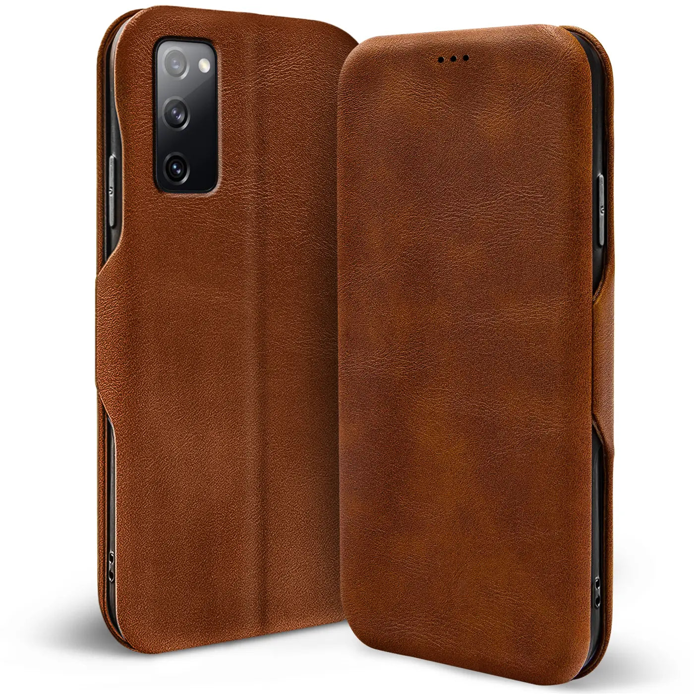 Braune Leder-Klapphülle für Samsung S20 FE, von vorne mit Blick auf Kamera, mit Kartenfach.