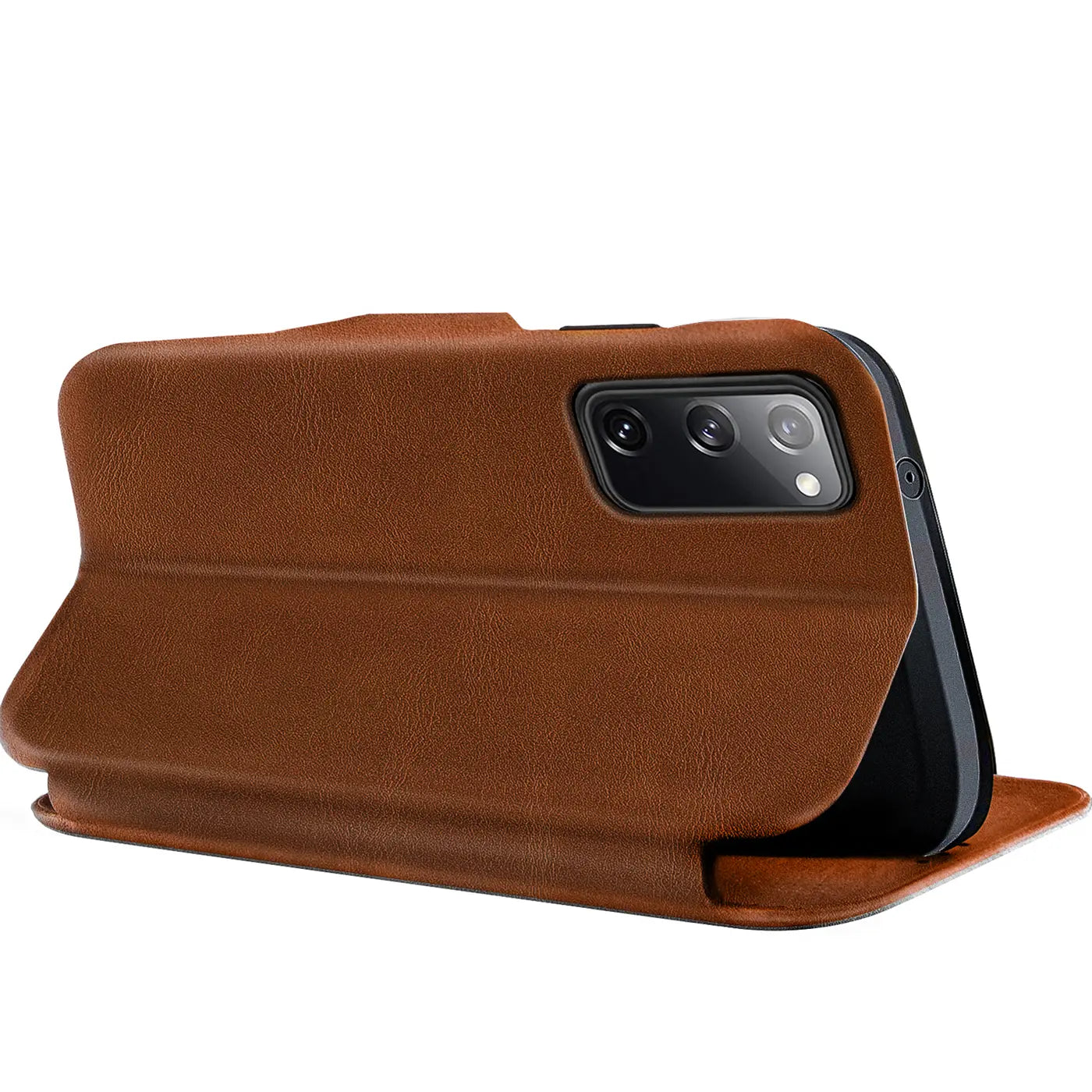 Braune Leder-Klapphülle mit Kartenfach, seitliche Ansicht, Samsung Galaxy S20 FE.