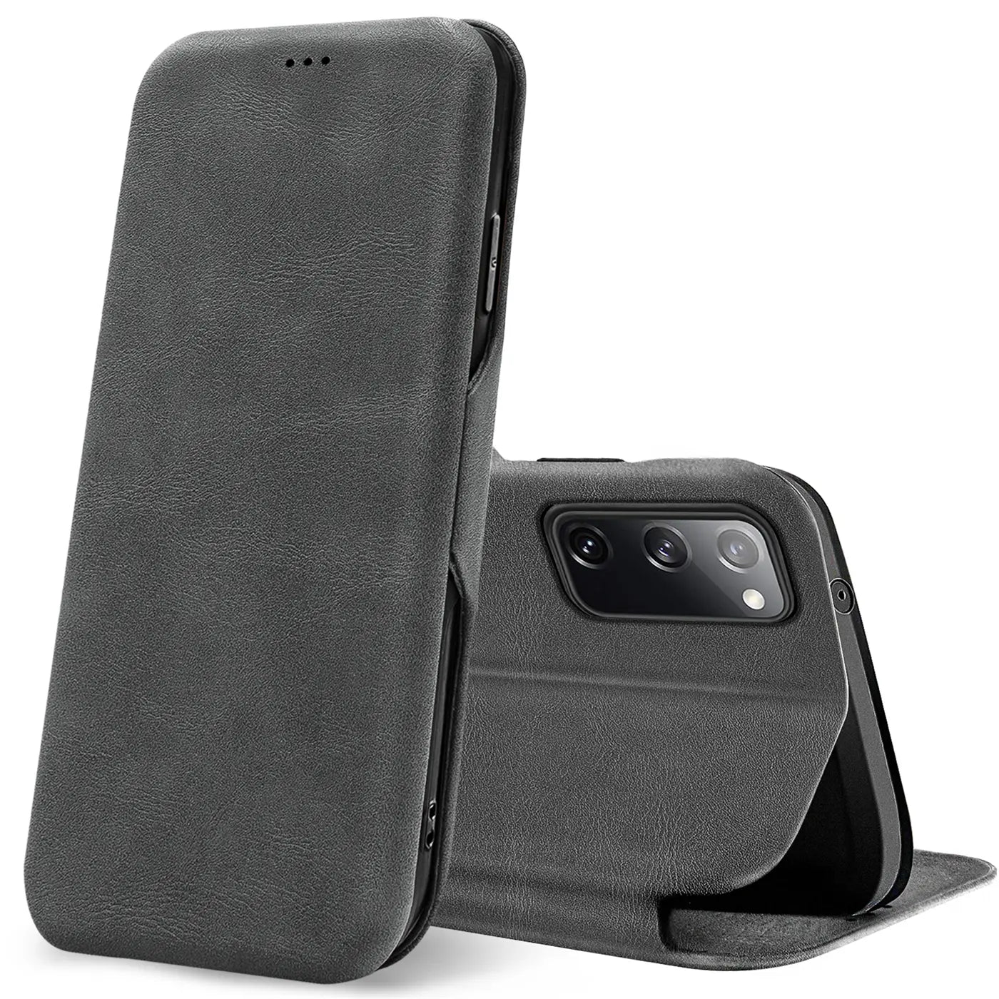Graue Kunstleder-Klapphülle für Samsung Galaxy S20 FE, von vorne links, mit offenem Deckel