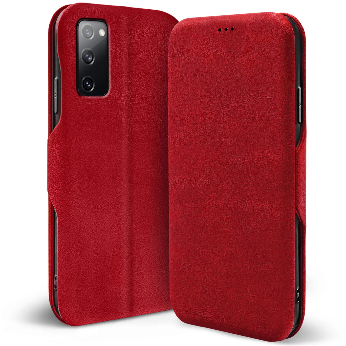 Rote Leder-Klapphülle mit Kartenfach für Samsung Galaxy S20 FE, Vorder- und Rückansicht.