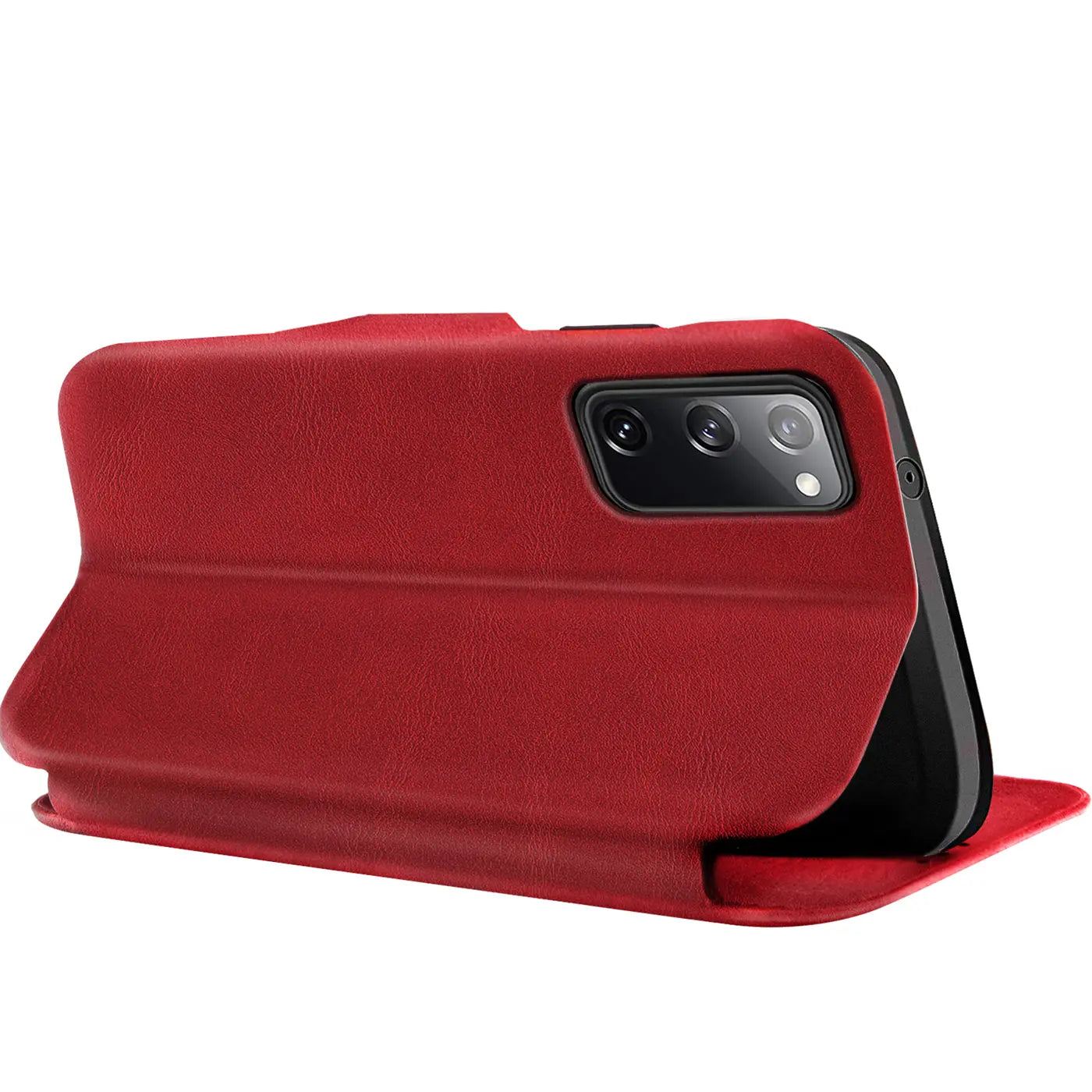 Rote Kunstleder-Klapphülle auf Samsung Galaxy S20 FE, Seitenansicht.
