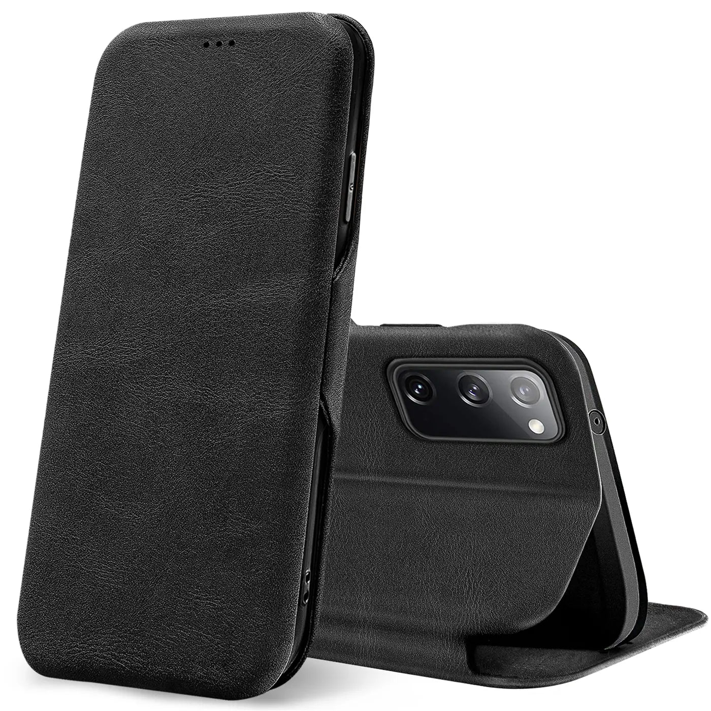 Schwarze Kunstleder-Klapphülle für Samsung Galaxy S20 FE, von vorne/seitlich