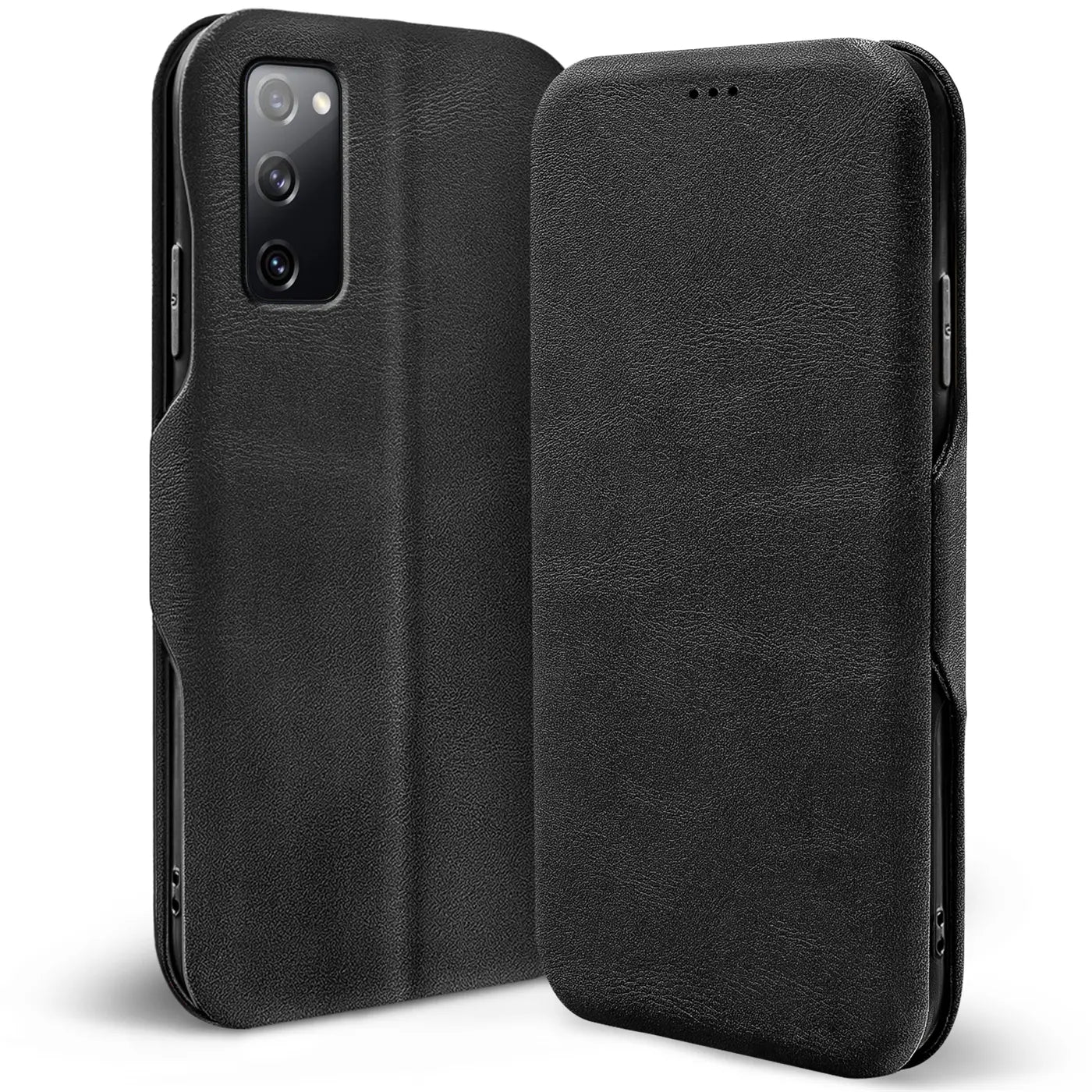 Schwarze Leder-Klapphülle für Samsung Galaxy S20 FE, von vorne/seitlich gezeigt.