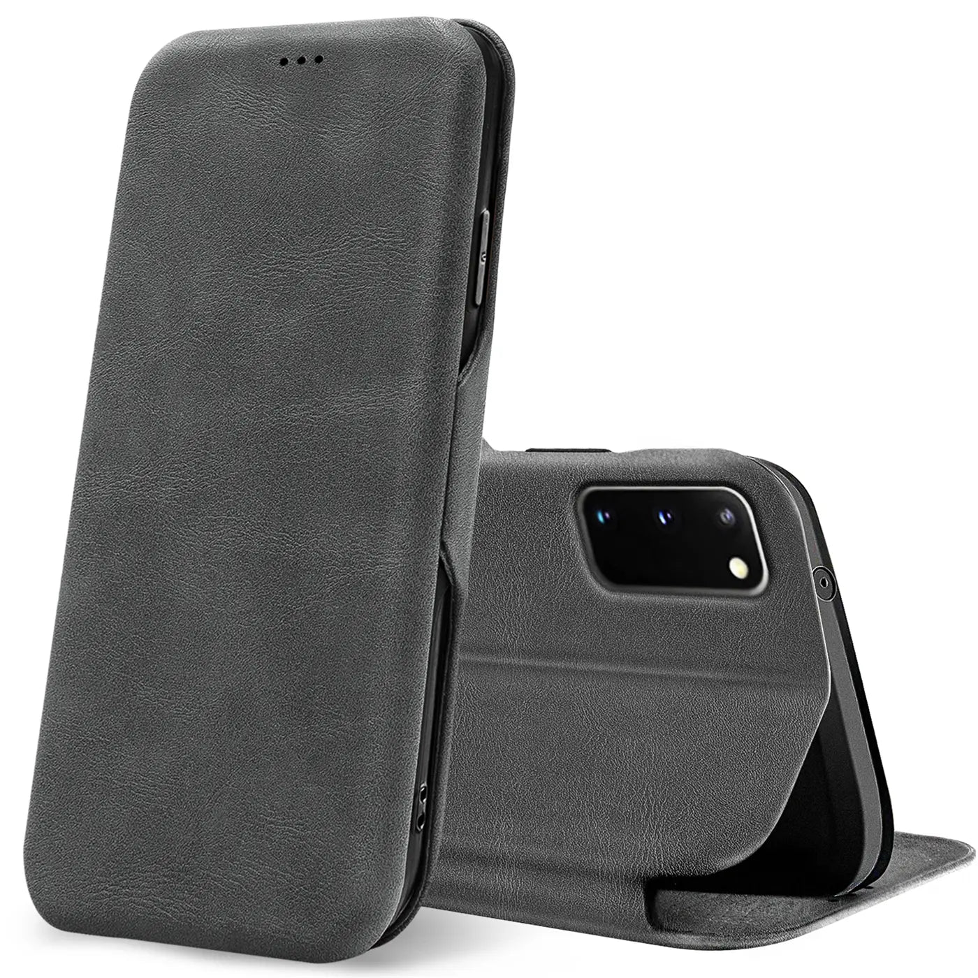 Graue Kunstleder-Klapphülle für Samsung Galaxy S20, seitliche Ansicht.