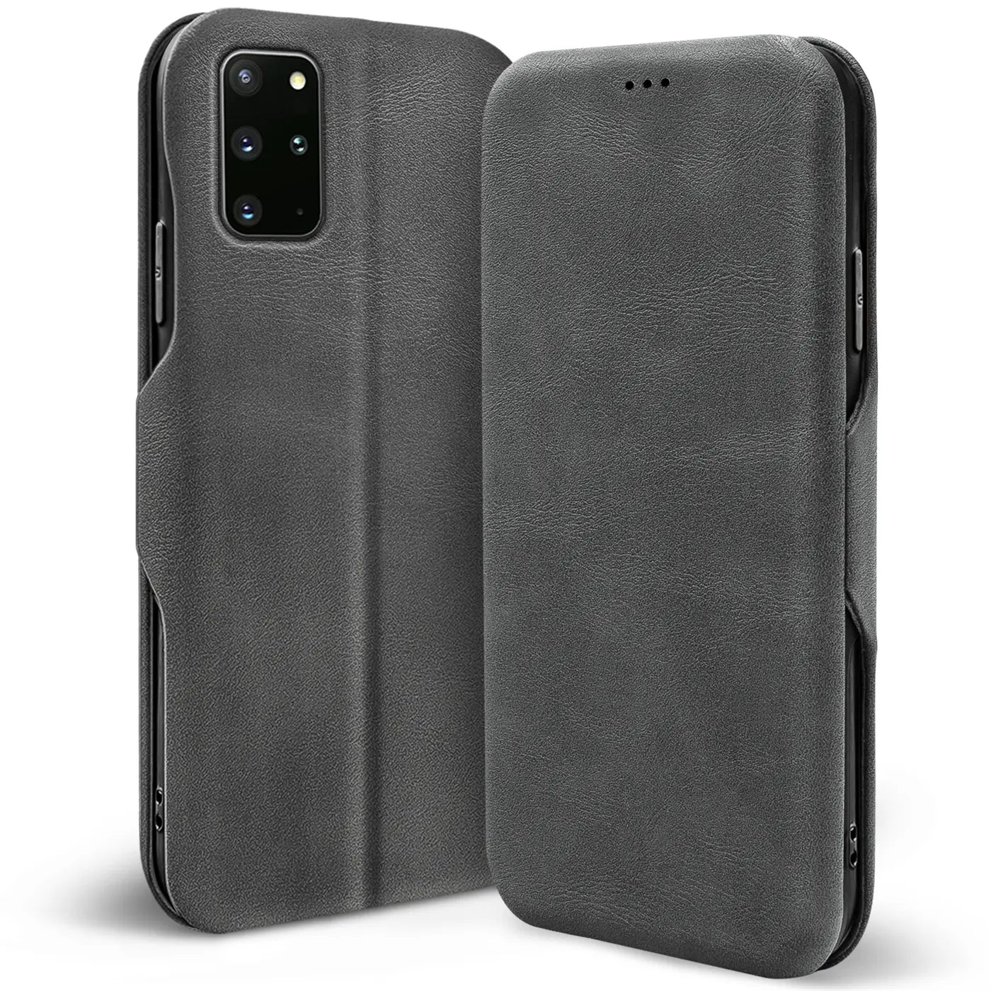 Dunkelgraue Kunstleder-Klapphülle mit Kartenfach, Vorder- und Rückansicht, für Samsung Galaxy S20 Plus.