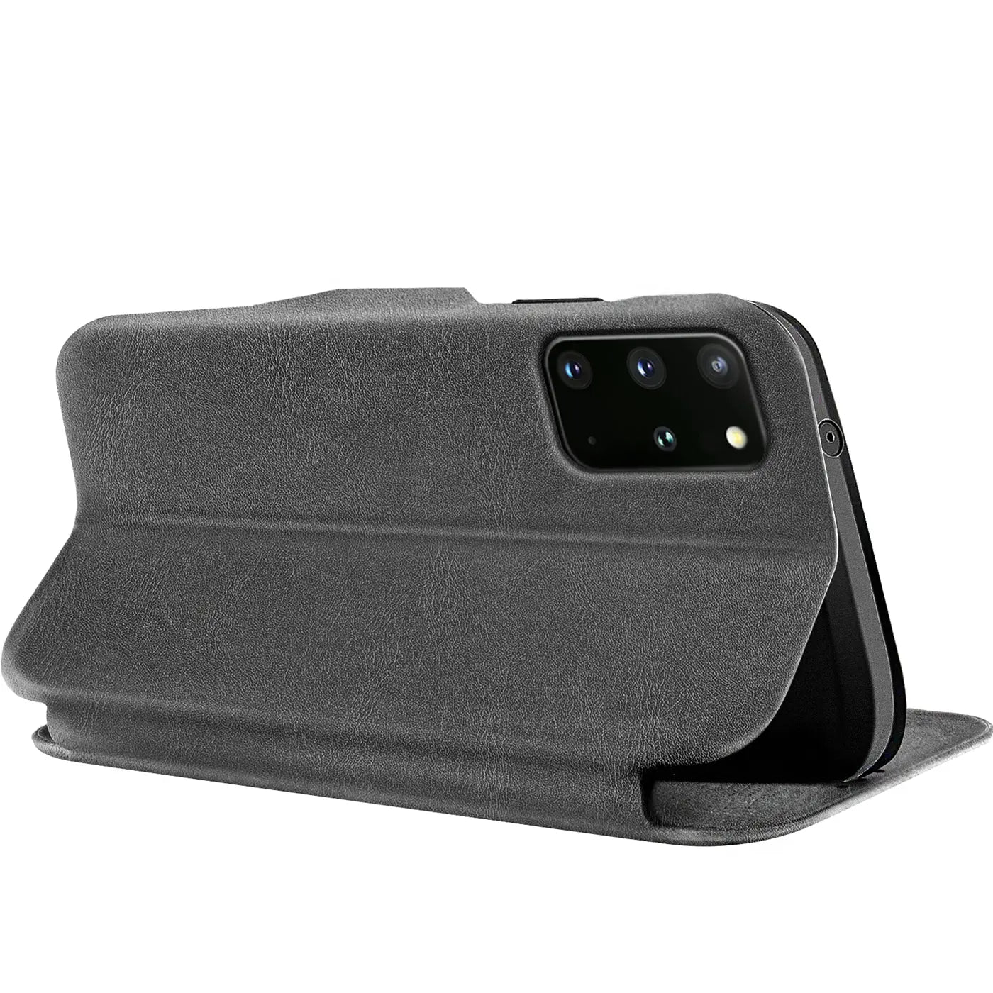 Graue Kunstleder-Klapphülle mit Kartenfach, Seitenansicht, Samsung Galaxy S20 Plus
