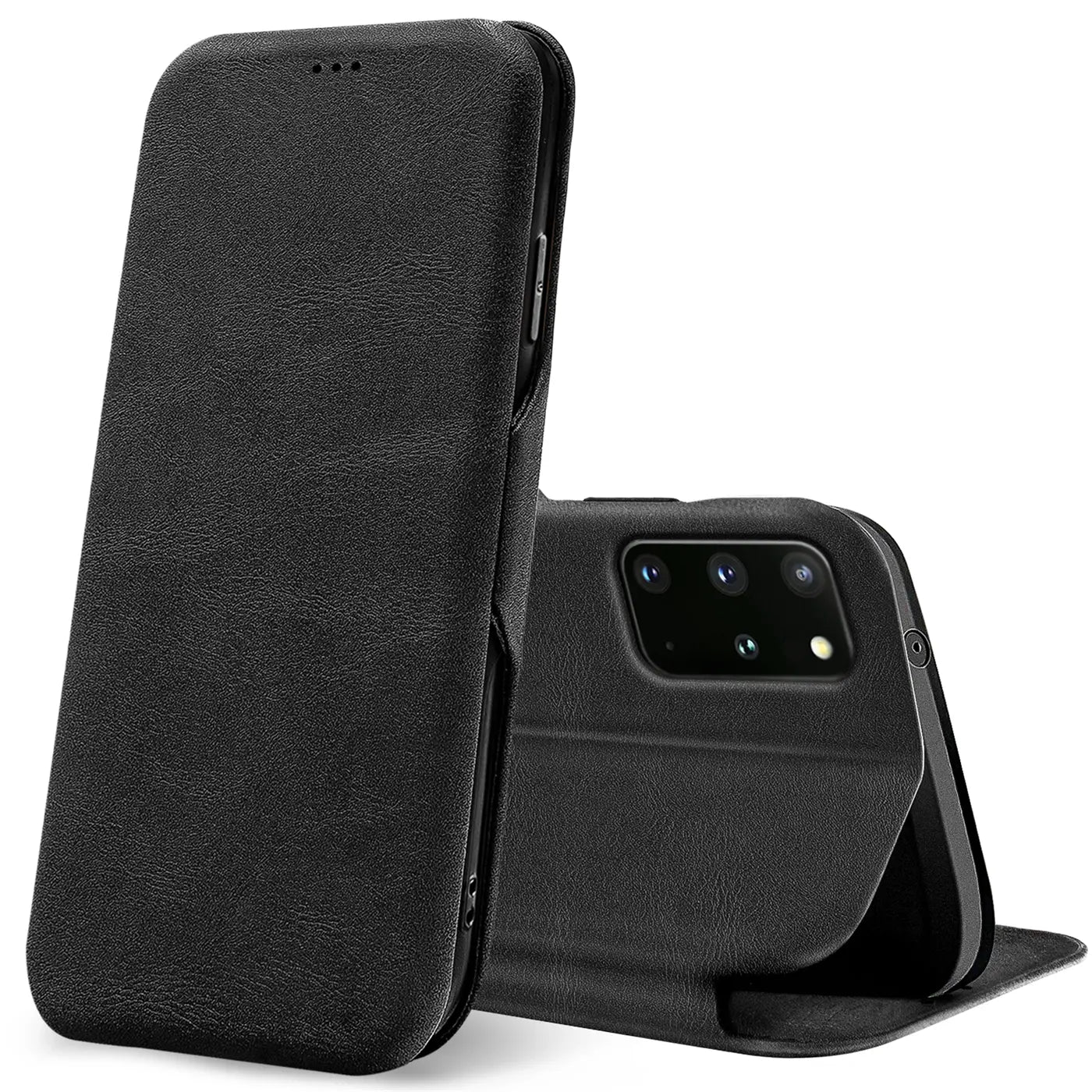 Schwarze Leder-Klapphülle mit Kartenfach für Samsung Galaxy S20 Plus, seitliche Ansicht.
