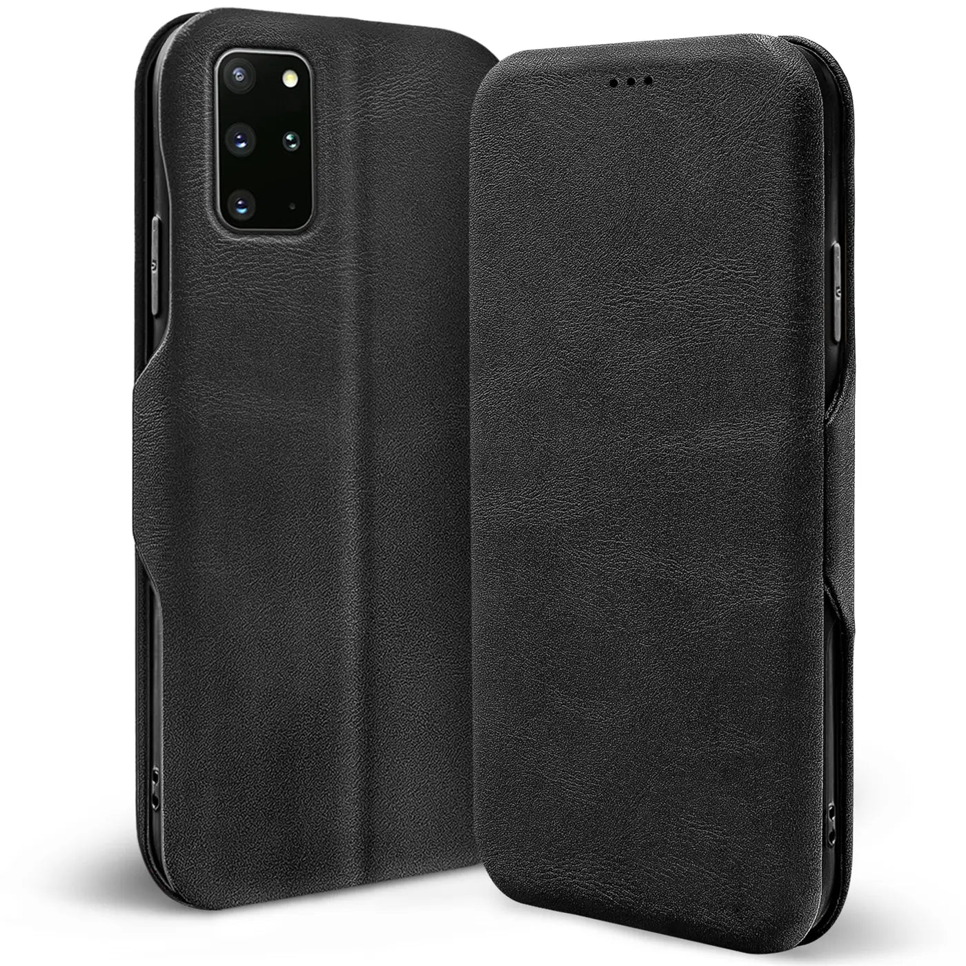 Schwarze Leder-Klapphülle für Samsung Galaxy S20 Plus, von vorne mit offenem Deckel