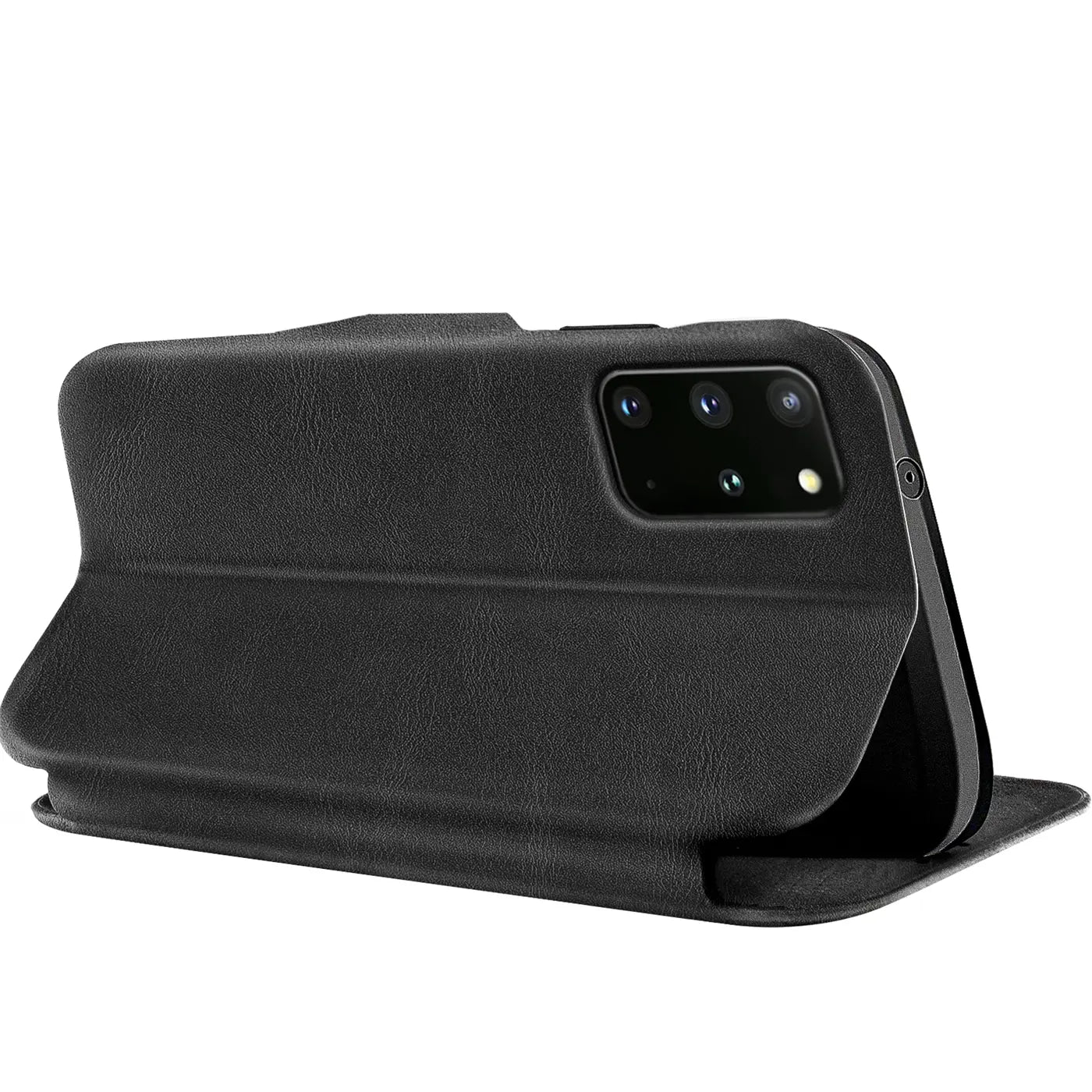 Schwarze Leder-Klapphülle mit Kartenfach für Samsung Galaxy S20 Plus, Rückansicht.