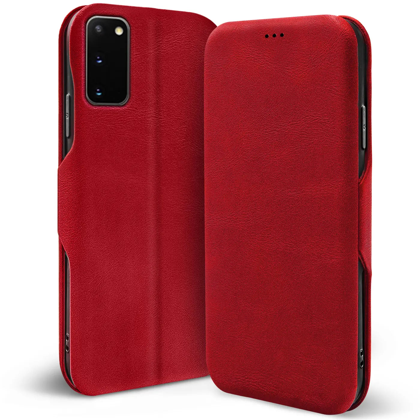 Rote Leder-Klapphülle mit Kartenfach für Samsung Galaxy S20, von vorne/seitlich.