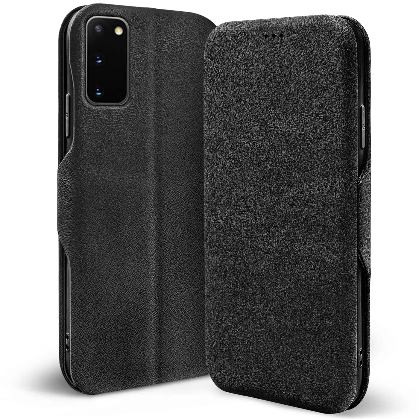 Schwarze Leder-Klapphülle mit Kartenfach für Samsung Galaxy S20, Vorder- und Rückansicht.