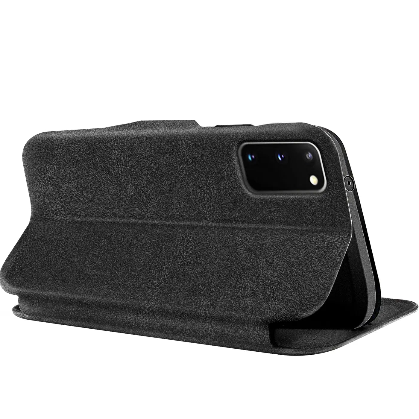 Schwarze Leder-Klapphülle mit Kartenfach, Seitenansicht, zeigt Samsung Galaxy S20 mit Kamera.