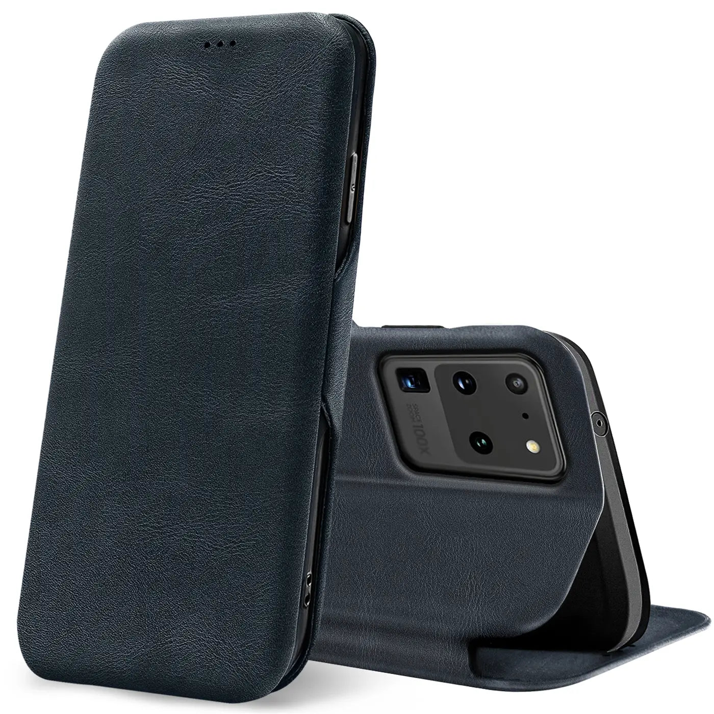 Dunkelblaue Leder-Klapphülle mit Kartenfach, zeigt Samsung S20 Ultra von schräg oben.