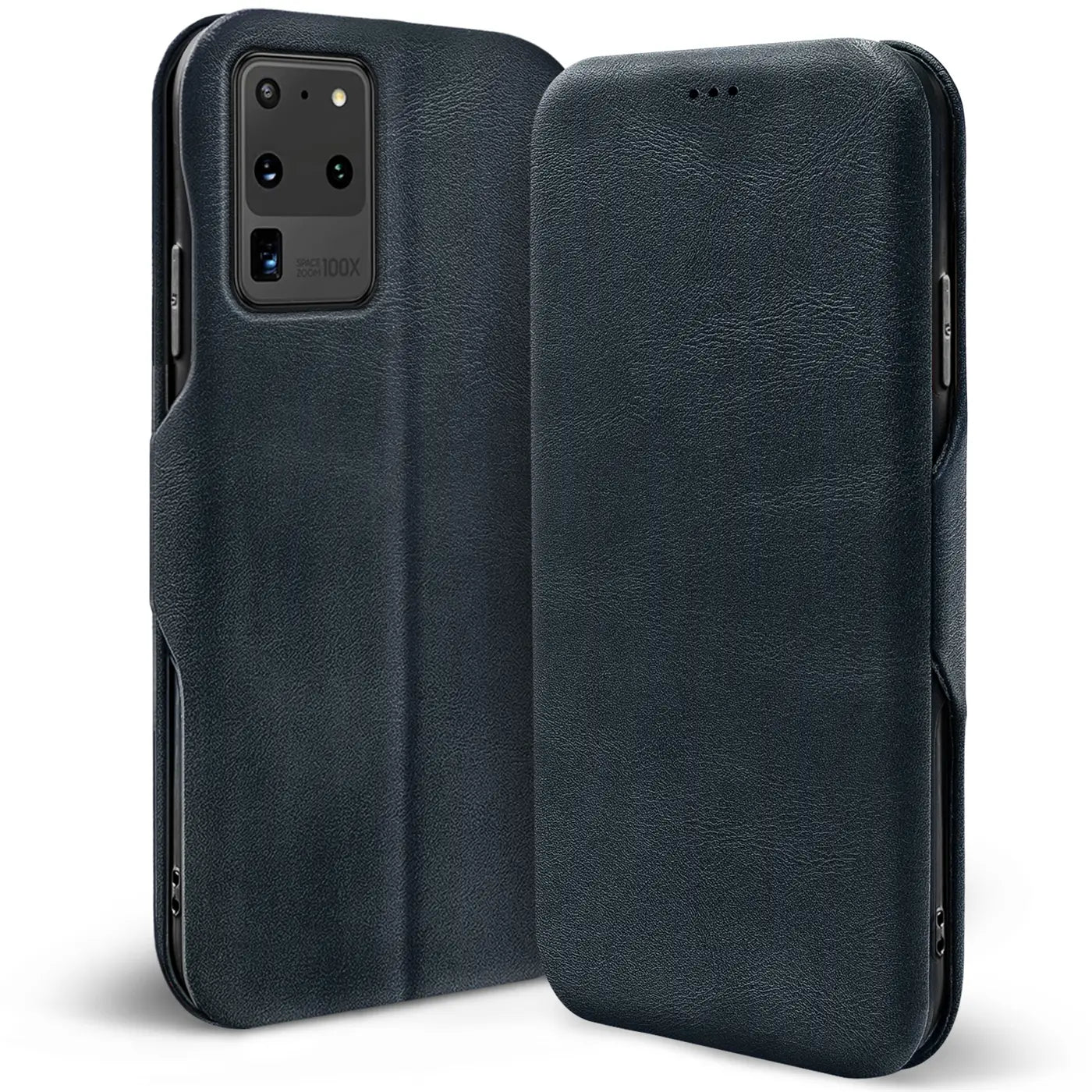 Dunkelblaue Leder-Klapphülle mit Kartenfach für Samsung Galaxy S20 Ultra, Seitenansicht.