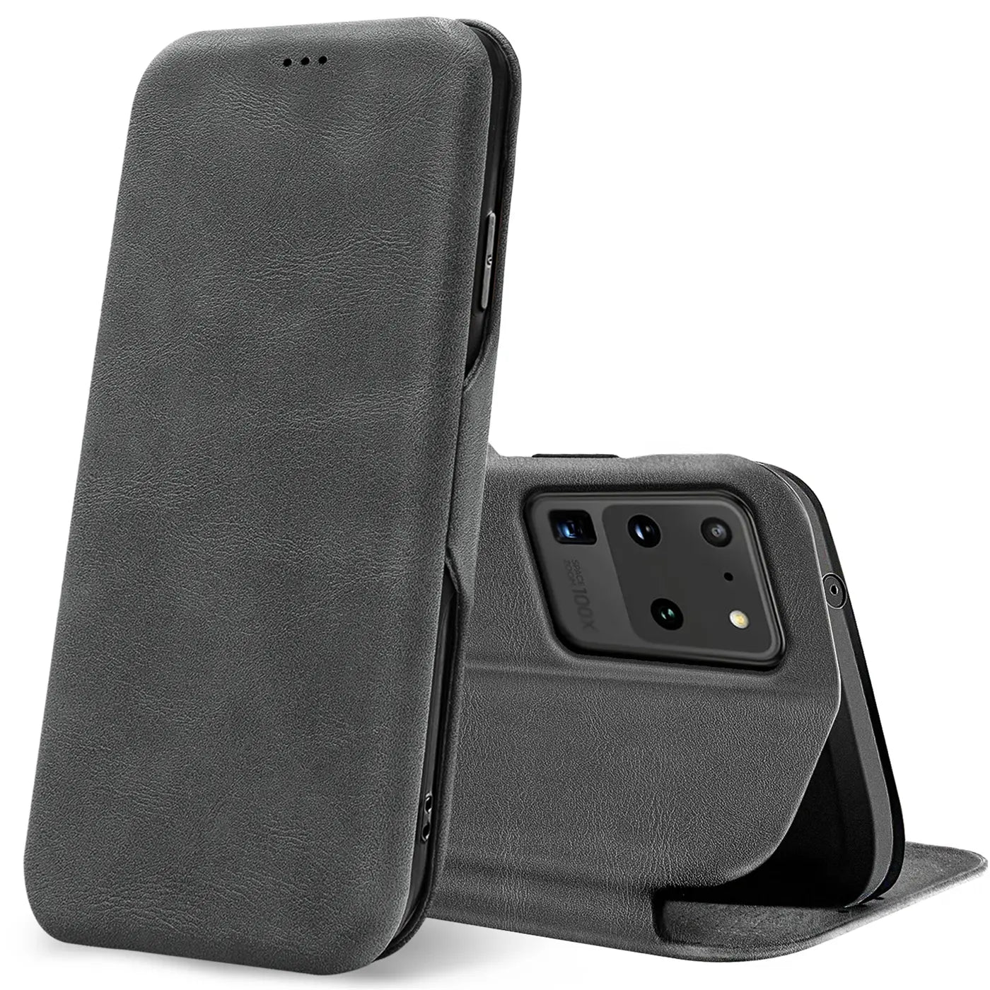 Graue Kunstleder-Klapphülle für Samsung S20 Ultra, von vorne schräg gezeigt.