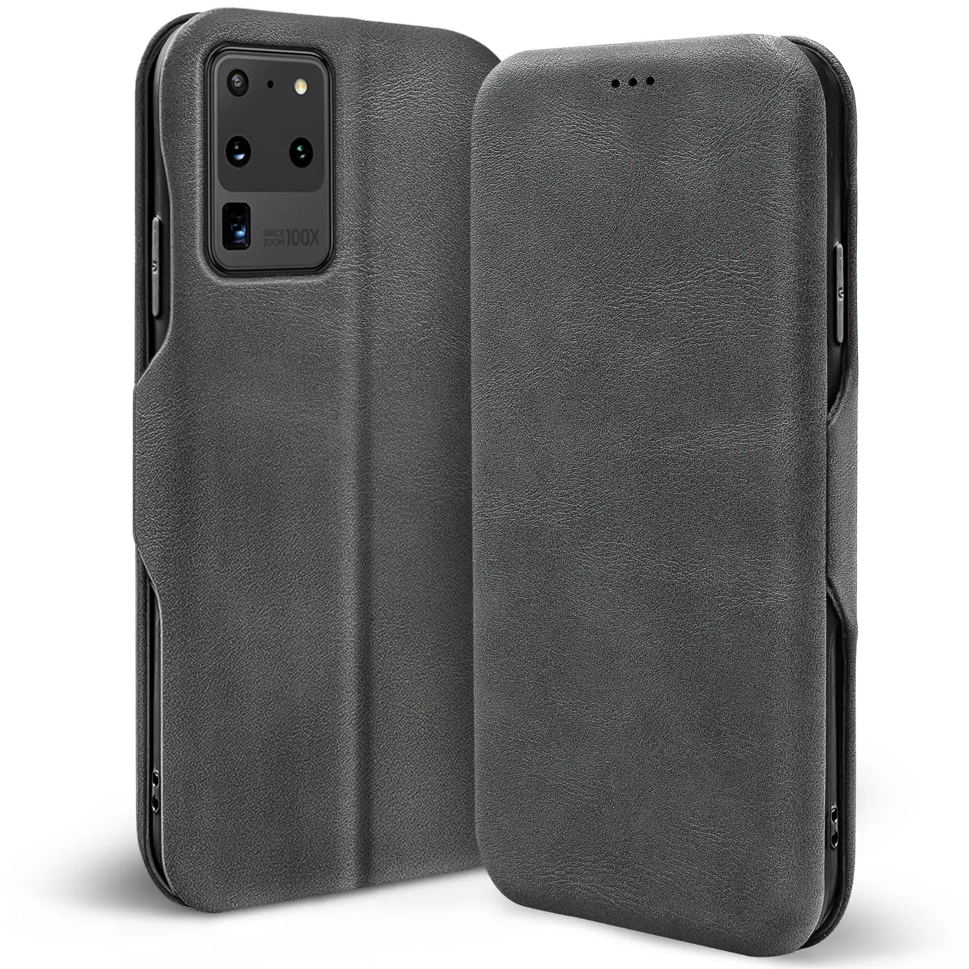 Graue Leder-Klapphülle mit Kartenfach, Vorder- und Rückansicht, für Samsung S20 Ultra.