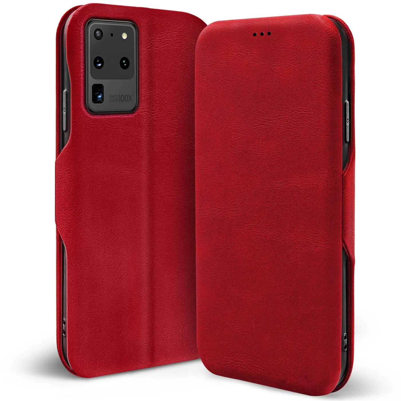 Rote Leder-Klapphülle mit Kartenfach für Samsung Galaxy S20 Ultra, Vorder- und Rückansicht.