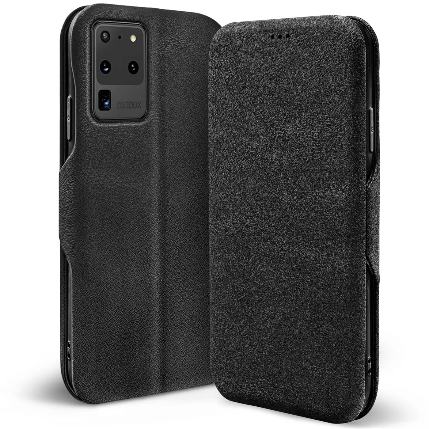 Schwarze Leder-Klapphülle mit Kartenfach für Samsung Galaxy S20 Ultra, Seitenansicht.