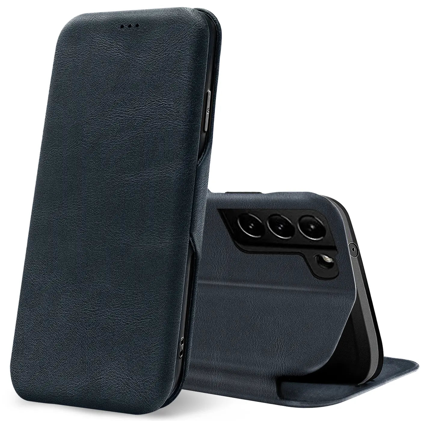 Dunkelblaue Kunstleder-Klapphülle mit Kartenfach, Samsung Galaxy S21 FE, Seitenansicht
