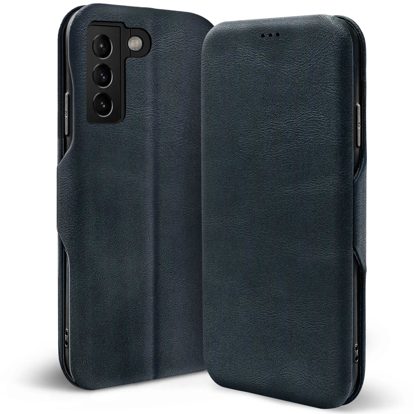 Dunkelblaue Leder-Klapphülle mit Kartenfach, Vorder- und Rückansicht, für Samsung Galaxy S21 FE.