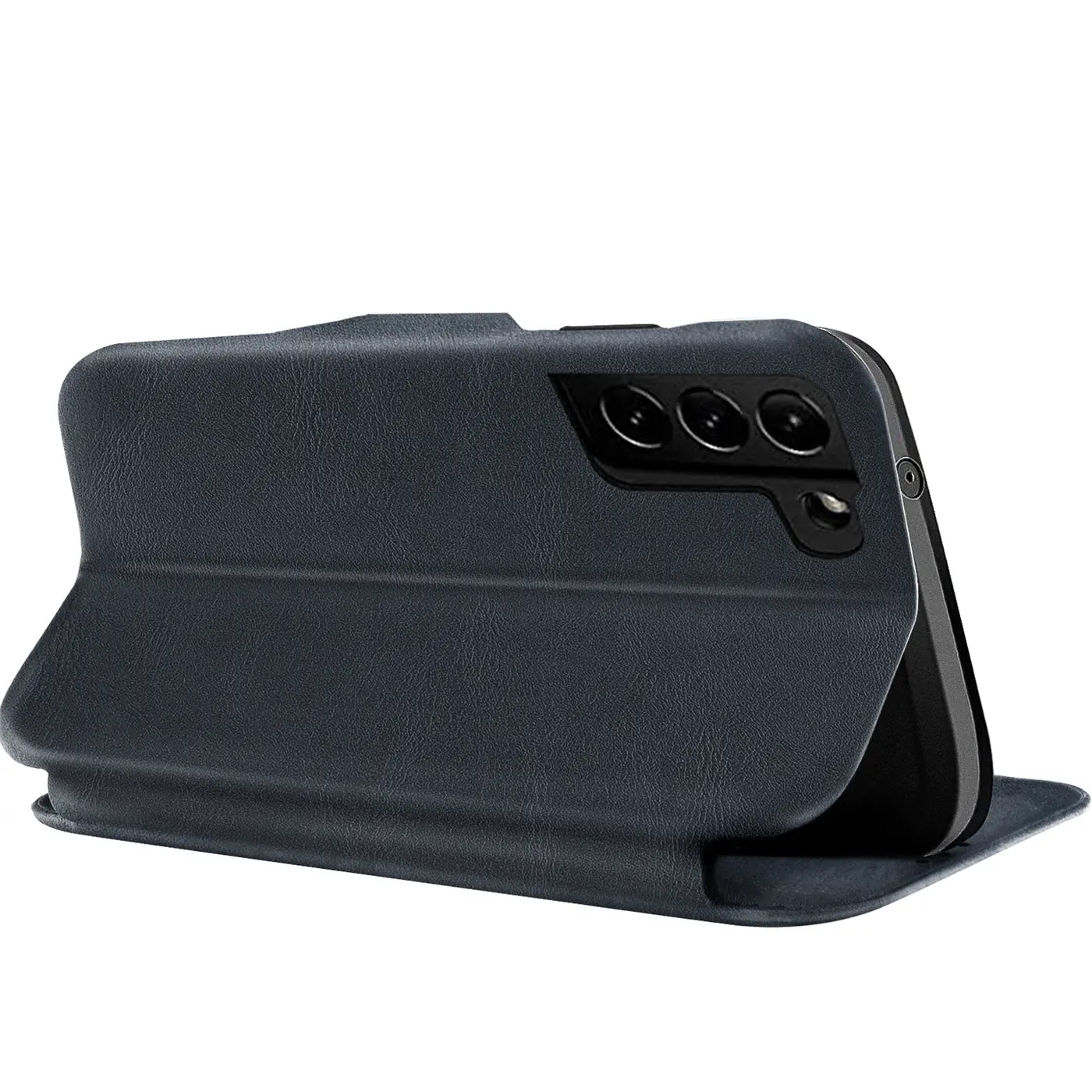 Dunkelblaue Kunstleder-Klapphülle für Samsung Galaxy S21 FE, Seitenansicht.
