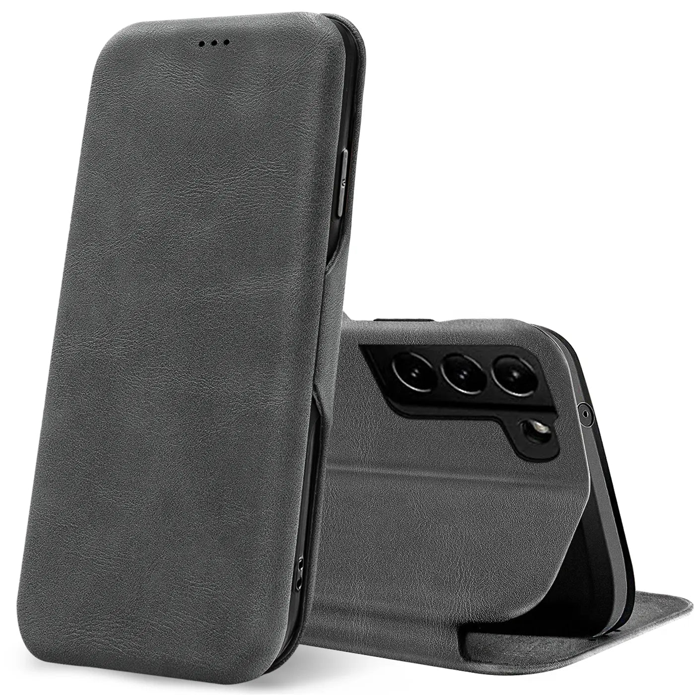 Graue Kunstleder-Klapphülle für Samsung Galaxy S21 FE, von vorne/seitlich, mit Kartenfach.