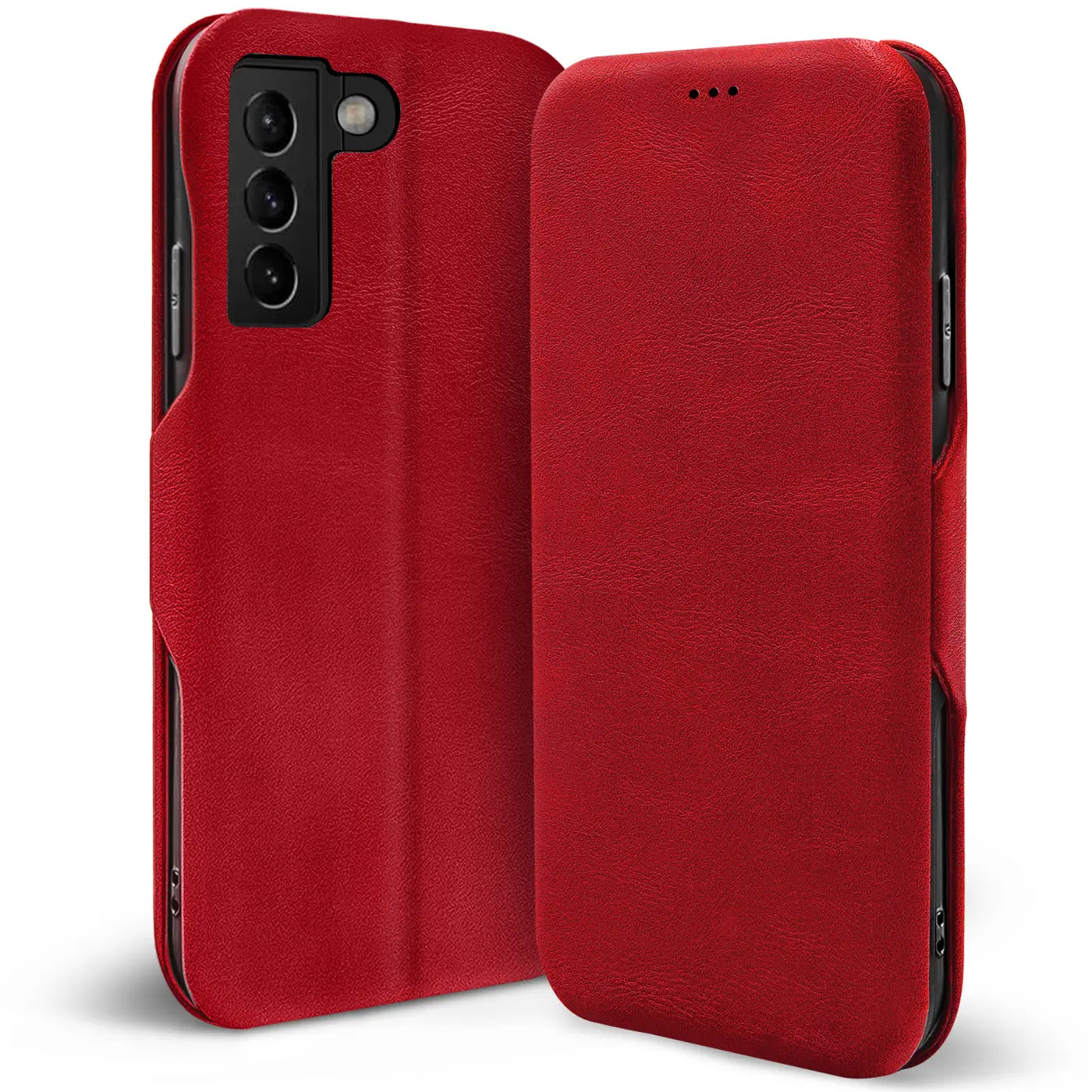 Rote Kunstleder-Klapphülle für Samsung S21 FE, von vorne/schräg, mit Kartenfach.