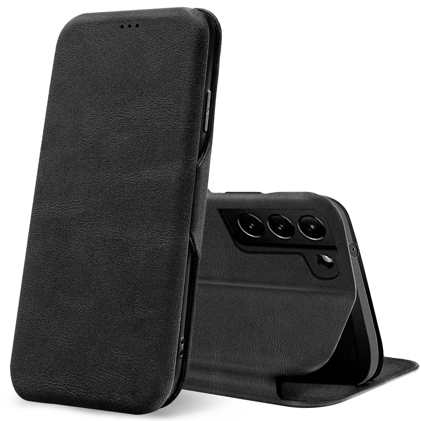 Schwarze Kunstleder-Klapphülle mit Kartenfach, Samsung Galaxy S21 FE von schräg vorne