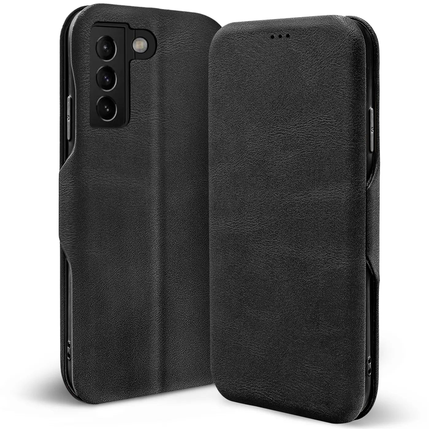 Schwarze Leder-Klapphülle für Samsung Galaxy S21 FE, von vorne und hinten gezeigt.