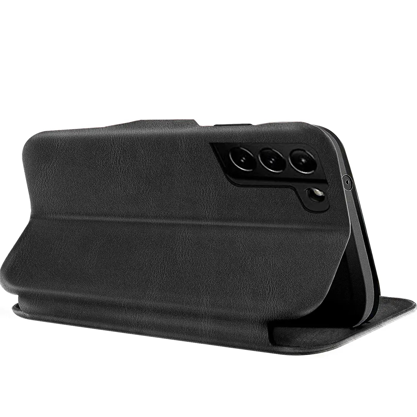 Schwarze Leder-Klapphülle mit Kartenfach für Samsung Galaxy S21 FE, von schräg hinten