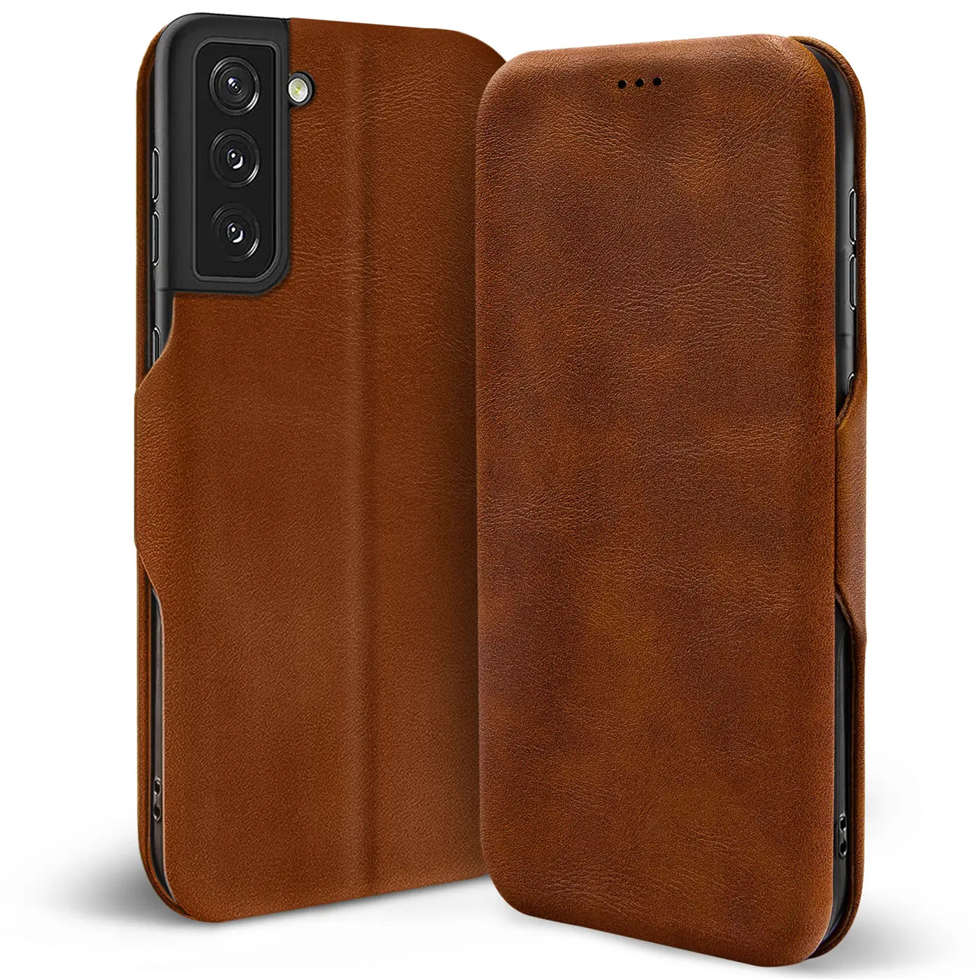 Braune Leder-Klapphülle mit Kartenfach für Samsung Galaxy S21 Plus, von vorne.