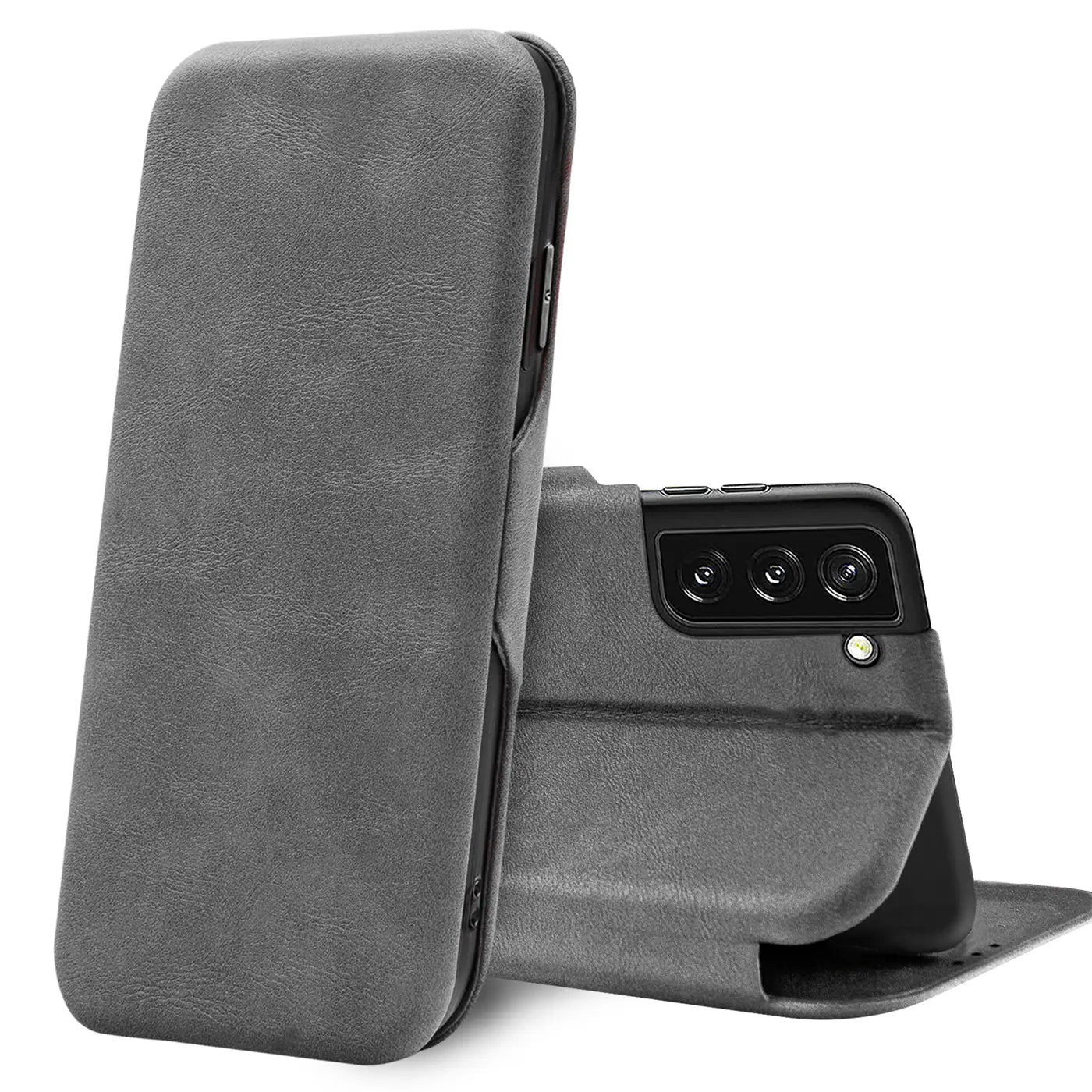 Graue Kunstleder-Klapphülle mit Kartenfach, Samsung S21 Plus, von vorne/seitlich