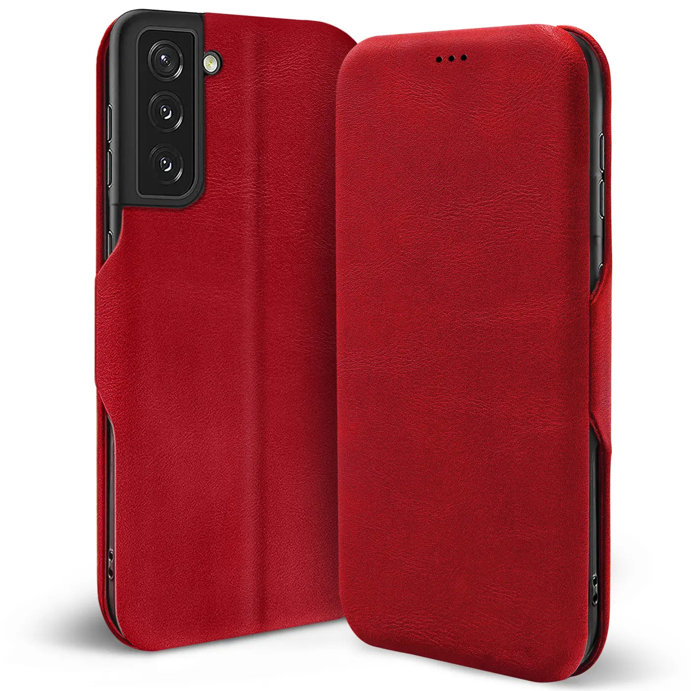 Rote Klapphülle aus Leder mit Kartenfach für Samsung Galaxy S21 Plus, von vorne.
