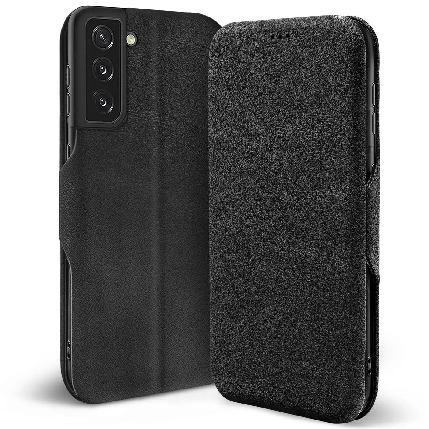 Schwarze Leder-Klapphülle mit Kartenfach für Samsung Galaxy S21, von vorne links gezeigt.