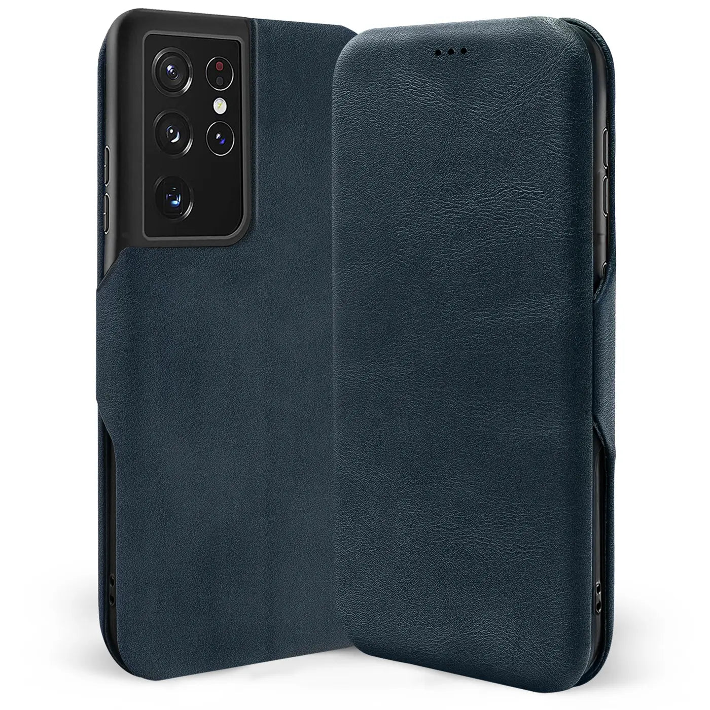 Dunkelblaue Leder-Klapphülle für Samsung Galaxy S21 Ultra, von vorne, mit Kartenfach.